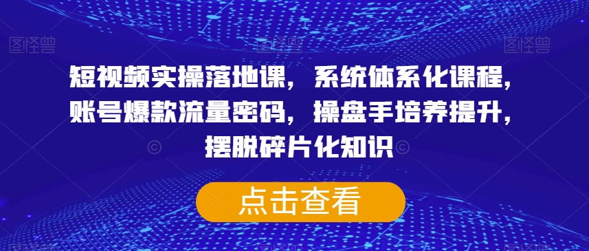 短视频实操落地课,系统体系化课程,账号爆款流量密码,操盘手培养提升,摆脱碎片化知识-第一资源库