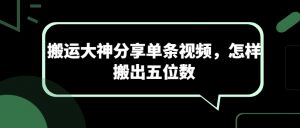 搬运大神分享单条视频，怎样搬出五位数-第一资源库