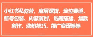 小红书私教营,底层逻辑、定位赛道、账号包装、内容策划、选题搭建、爆款创作、涨粉技巧、推广变现等等-第一资源库