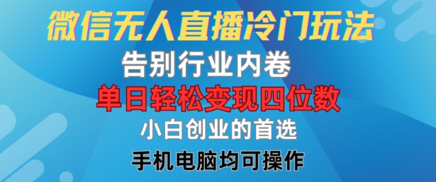 微信无人直播冷门玩法,告别行业内卷,单日轻松变现四位数,小白的创业首选【揭秘】-第一资源库