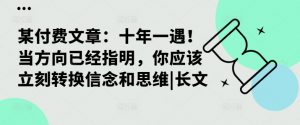 某付费文章:十年一遇!当方向已经指明,你应该立刻转换信念和思维|长文-第一资源库