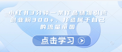 小红书3分钟一条作品精准引流创业粉300+,打造属于自己的流量帝国-第一资源库