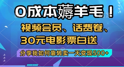 0成本薅羊毛!视频会员、话费卷、30元电影票白送,分享我如何靠转卖一天变现5张+【揭秘】-第一资源库