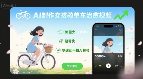 AI制作女孩骑单车治愈视频，流量大，起号快，快速起千粉万粉号-第一资源库