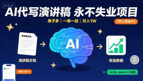 AI代写演讲稿,永不失业项目,单子多,一单一结,月入1W【附工具指令】-第一资源库