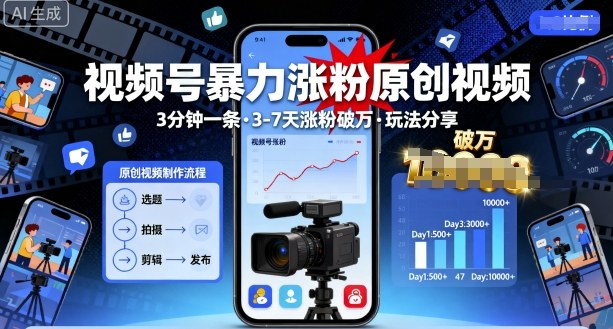 视频号暴力涨粉原创视频，3分钟一条原创视频，3-7天涨粉破万，玩法分享给你-第一资源库