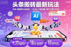 头条搬砖最新玩法,文章+视频用AI全搞定,一天5张+不是问题,每天只需10分钟-第一资源库