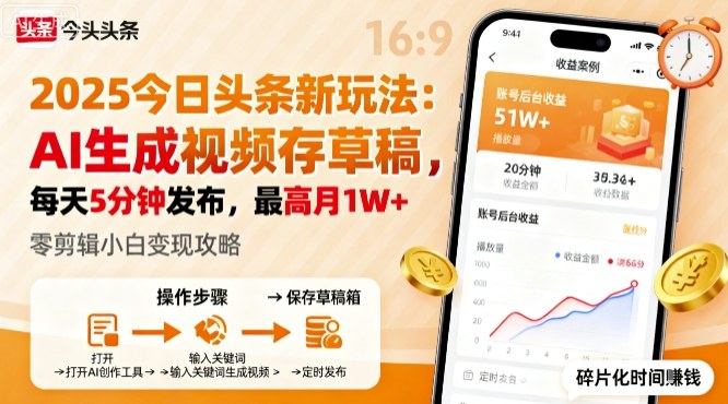 2025年今日头条躺賺新玩法，AI生成视频存草稿，每天5分钟发布，最高月1W+【揭秘】-第一资源库