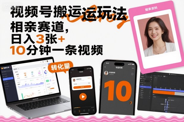 视频号搬运玩法，相亲赛道，日入3张+，10分钟一条视频-第一资源库