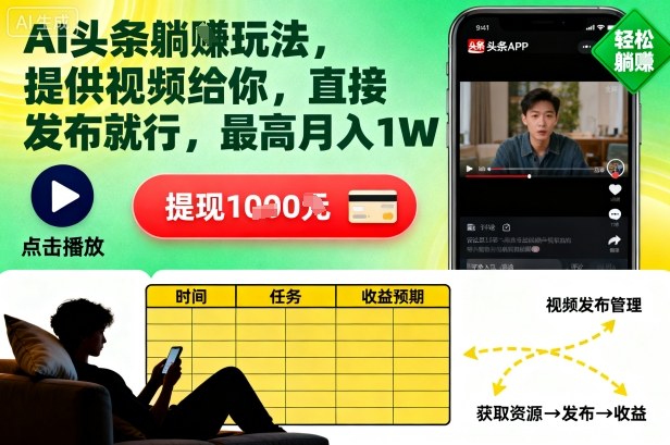 AI头条躺賺玩法，提供视频给你，直接发布就行，最高月入1W+【揭秘】-第一资源库
