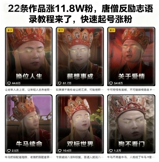 22条作品涨11.8W粉,唐僧反励志语录教程来了,快速起号涨粉-第一资源库