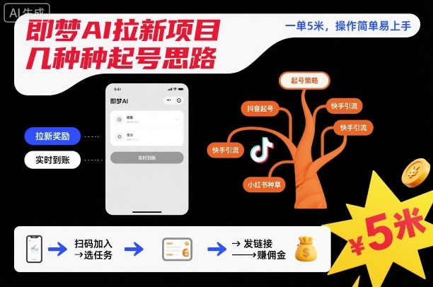 即梦AI拉新项目几种起号思路,一单5米,操作简单易上手-第一资源库