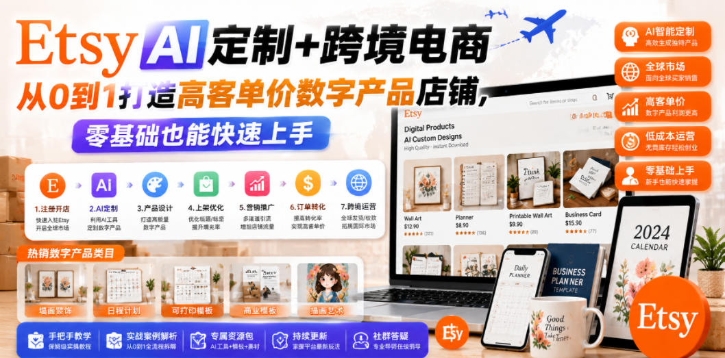 Etsy AI定制+跨境电商，从0到1打造高客单价数字产品店铺，零基础也能快速上手-第一资源库