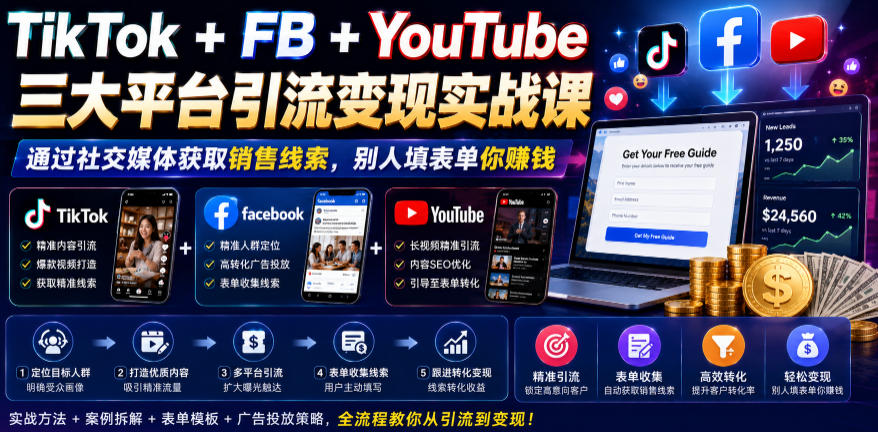 TikTok+FB+YouTube三大平台引流变现实战课，通过社交媒体获取销售线索，别人填表单你賺钱【原创双语字幕】-第一资源库