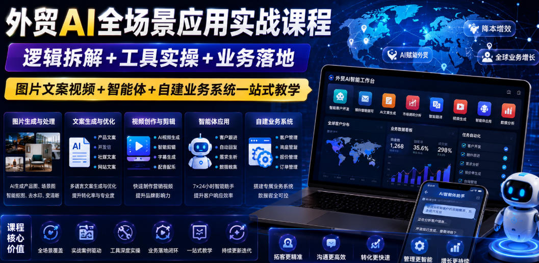 外贸AI全场景应用实战课程｜逻辑拆解+工具实操+业务落地，图片文案视频+智能体+自建业务系统一站式教学-第一资源库