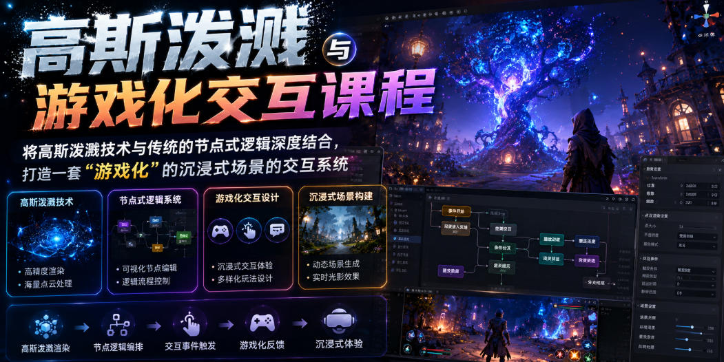 高斯泼溅与游戏化交互课程，将高斯泼溅技术与传统的节点式逻辑深度结合，打造一套“游戏化”的沉浸式场景的交互系统-第一资源库