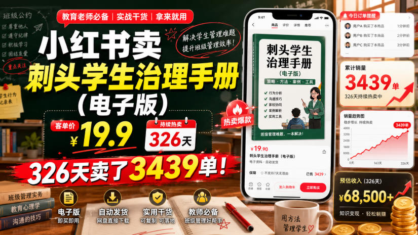 小红书卖刺头学生治理手册（电子版），客单价19.9，326天卖了3439单！-第一资源库