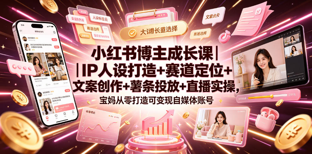 小红书博主成长课｜IP人设打造+赛道定位+文案创作+薯条投放+直播实操，宝妈从零打造可变现自媒体账号-第一资源库