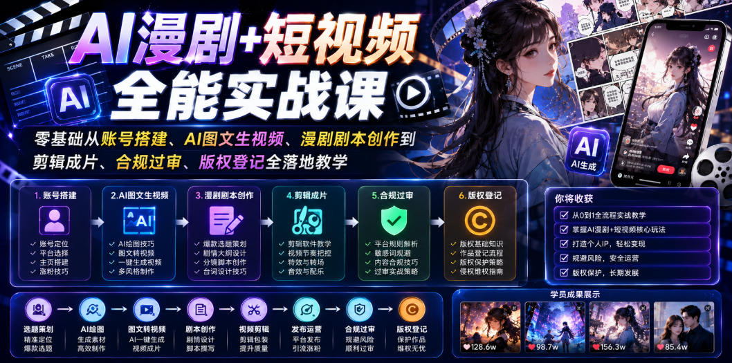 AI漫剧+短视频全能实战课｜零基础从账号搭建、AI图文生视频、漫剧剧本创作到剪辑成片、合规过审、版权登记全落地教学-第一资源库