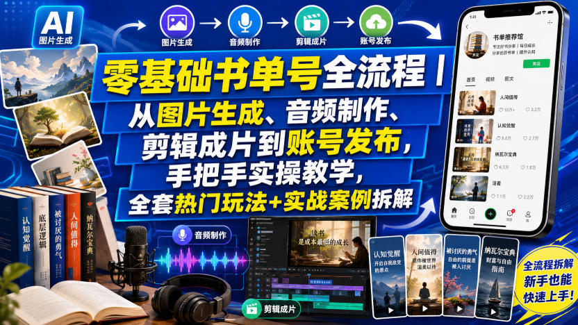 零基础书单号全流程｜从图片生成、音频制作、剪辑成片到账号发布，手把手实操教学，全套热门玩法+实战案例拆解-第一资源库