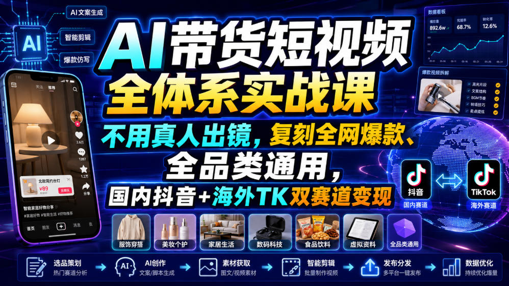 AI带货短视频全体系实战课，不用真人出镜，复刻全网爆款、全品类通用，国内抖音+海外TK双赛道变现-第一资源库