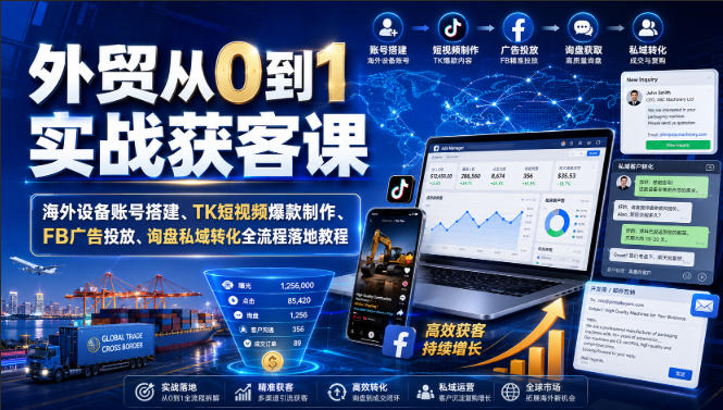 外贸从0到1实战获客课｜海外设备账号搭建、TK短视频爆款制作、FB广告投放、询盘私域转化全流程落地教程-第一资源库