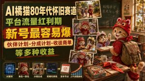 AI橘猫80年代怀旧赛道,平台流量红利期,新号最容易爆,伙伴计划-分成计划-收徒商单等多种收益-第一资源库
