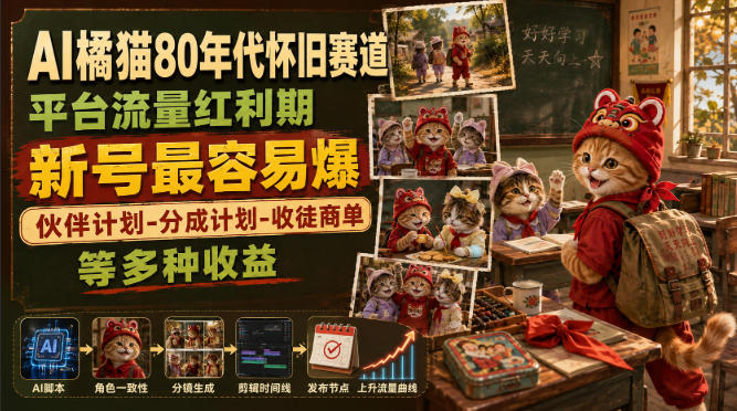 AI橘猫80年代怀旧赛道，平台流量红利期，新号最容易爆，伙伴计划-分成计划-收徒商单等多种收益-第一资源库