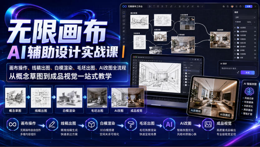 无限画布AI辅助设计实战课｜画布操作、线稿出图、白模渲染、毛坯出图、AI改图全流程，从概念草图到成品视觉一站式教学-第一资源库