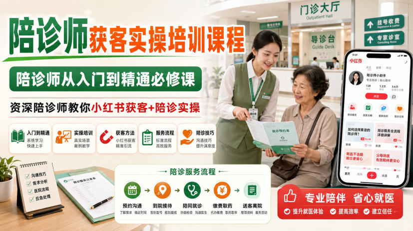 陪诊师获客实操培训课程，陪诊师从入门到精通必修课，资深陪诊师教你小红书获客+陪诊实操-第一资源库