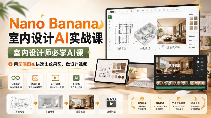 Nano Banana室内设计AI实战课，室内设计师必学AI课，用无限画布快速出效果图、做设计视频-第一资源库