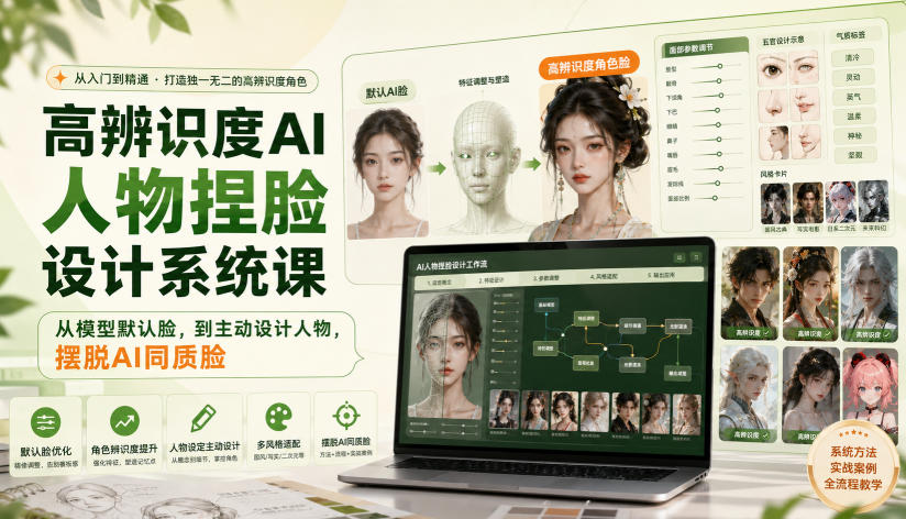 高辨识度AI人物捏脸设计系统课，从模型默认脸，到主动设计人物，摆脱AI同质脸-第一资源库