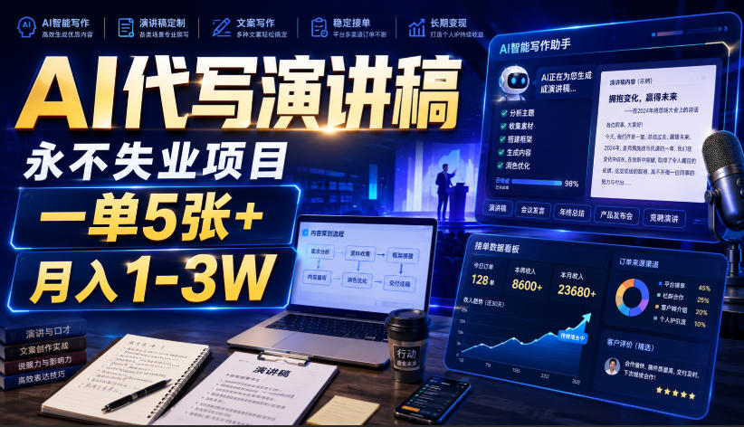 AI代写演讲稿，永不失业项目，一单5张+，月入1-3W【揭秘】-第一资源库