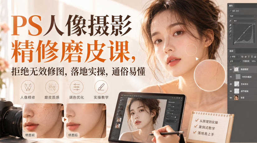 PS人像摄影精修磨皮课，拒绝无效修图，落地实操，通俗易懂-第一资源库