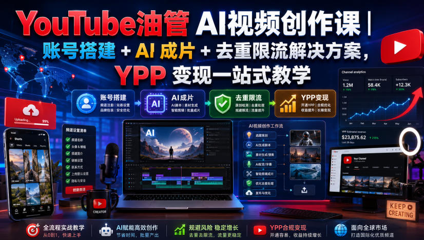 YouTube油管AI视频创作课｜账号搭建+AI成片+去重限流解决方案，YPP变现一站式教学-第一资源库