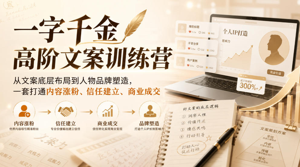 一字千金高阶文案训练营，从文案底层布局到人物品牌塑造，一套打通内容涨粉、信任建立、商业成交-第一资源库
