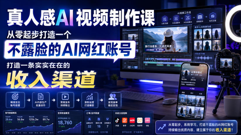 真人感AI视频制作课，从零起步打造一个不露脸的AI网红账号，打造一条实实在在的收入渠道【原创双语字幕】-第一资源库