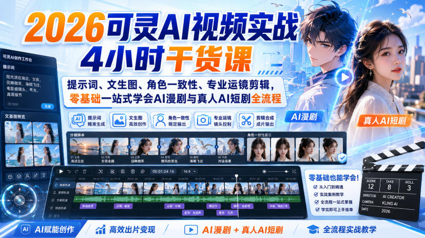 2026可灵AI视频实战4小时干货课｜提示词、文生图、角色一致性、专业运镜剪辑，零基础一站式学会AI漫剧与真人AI短剧全流程-第一资源库