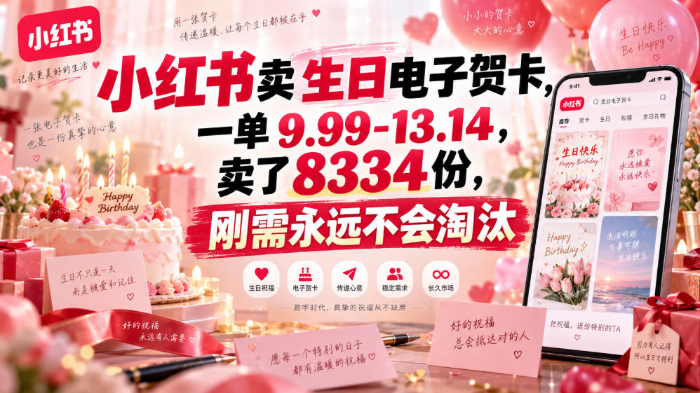 小红书卖生日电子贺卡，一单9.99-13.14，卖了8334份，刚需永远不会淘汰-第一资源库