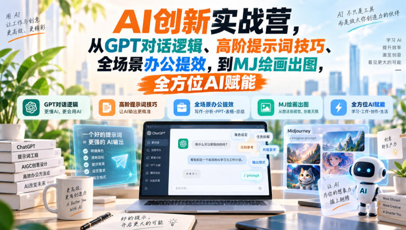 AI创新实战营，从GPT对话逻辑、高阶提示词技巧、全场景办公提效，到MJ绘画出图，全方位AI赋能-第一资源库