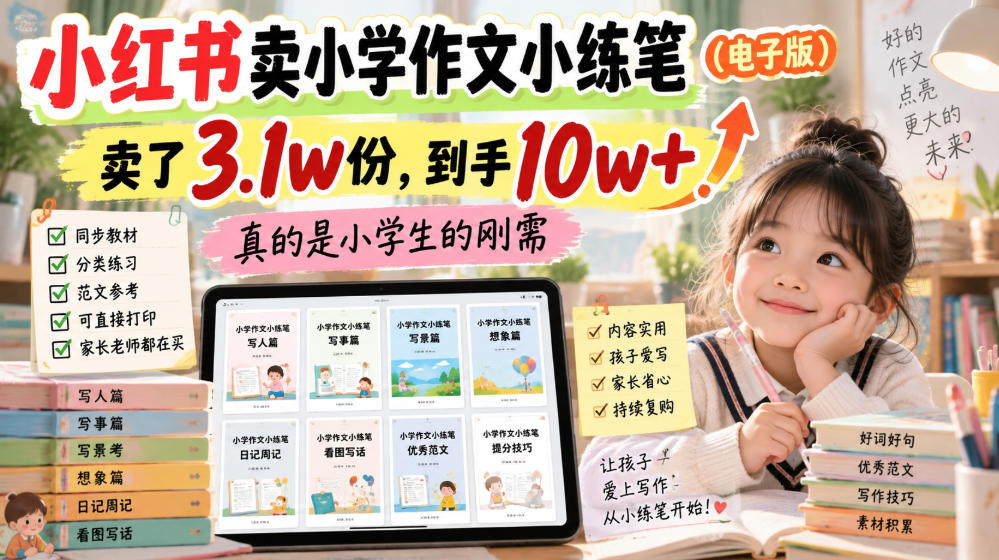 小红书卖小学作文小练笔(电子版),卖了3.1w份,到手10w+,真的是小学生的刚需
