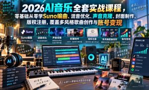 2026AI音乐实战课程，零基础从零学Suno编曲、混音优化、声音克隆、版权注册，覆盖多风格歌曲创作与账号变现（更新0921）-第一资源库