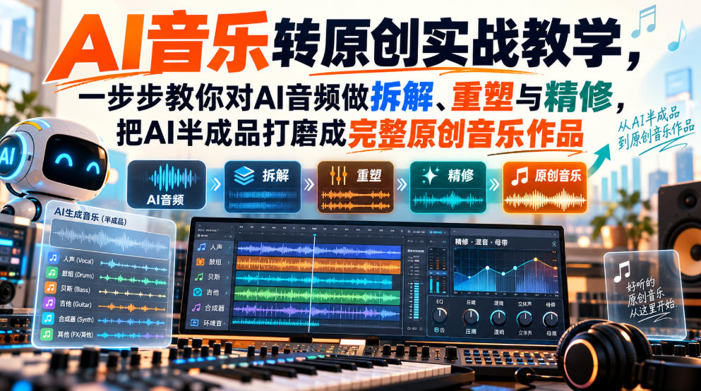 AI音乐转原创实战教学，一步步教你对AI音频做拆解、重塑与精修，把AI半成品打磨成完整原创音乐作品-第一资源库