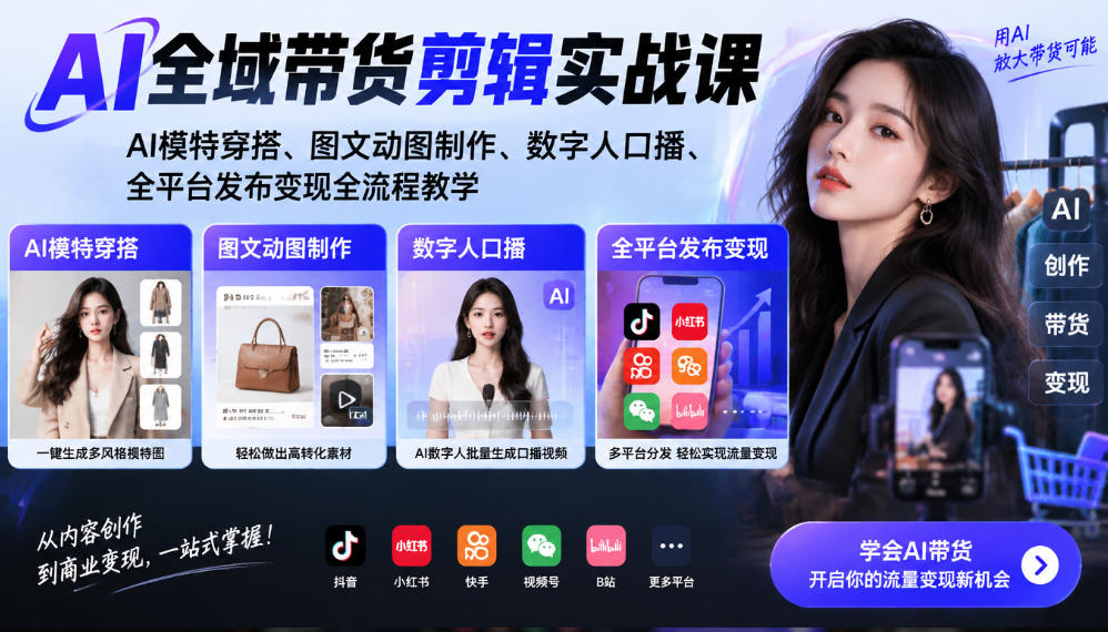 AI全域带货剪辑实战课｜AI模特穿搭、图文动图制作、数字人口播、全平台发布变现全流程教学-第一资源库