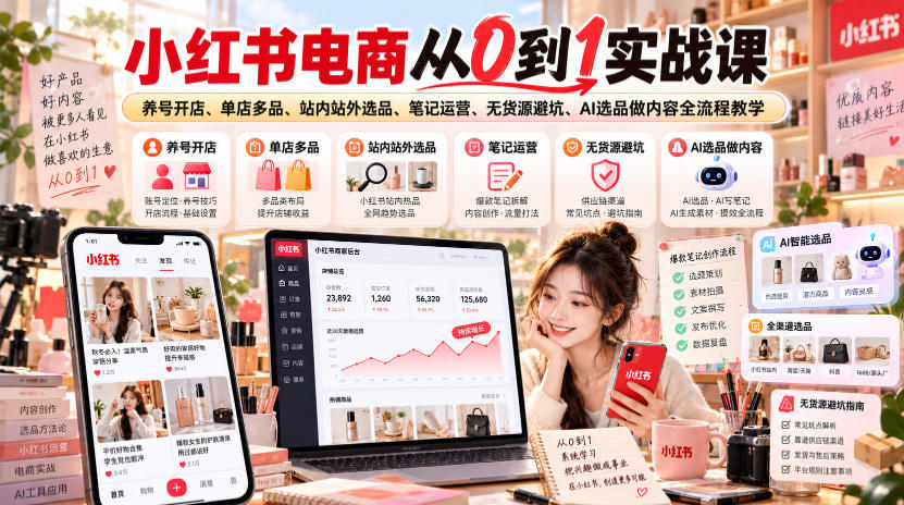 小红书电商从0到1实战课｜养号开店、单店多品、站内站外选品、笔记运营、无货源避坑、AI选品做内容全流程教学-第一资源库