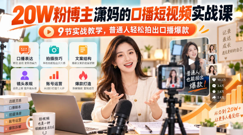 20W粉博主潇妈的口播短视频实战课，9节实战教学，普通人轻松拍出口播爆款-第一资源库