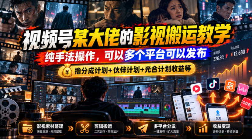 视频号某大佬的影视搬运教学，纯手法操作，可以多个平台可以发布，撸分成计划+伙伴计划+光合计划收益等-第一资源库
