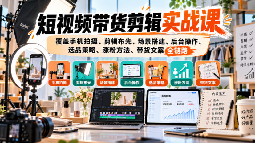 短视频带货剪辑实战课，覆盖手机拍摄、剪辑布光、场景搭建、后台操作、选品策略、涨粉方法、带货文案全链路-第一资源库