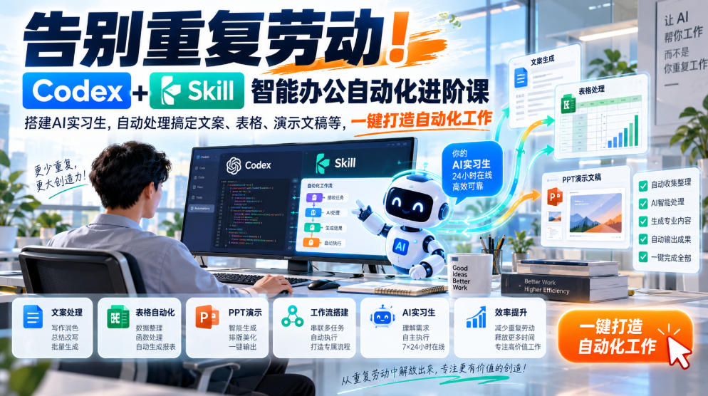 告别重复劳动！Codex+Skill智能办公自动化进阶课｜搭建AI实习生，自动处理搞定文案、表格、演示文稿等，一键打造自动化工作-第一资源库