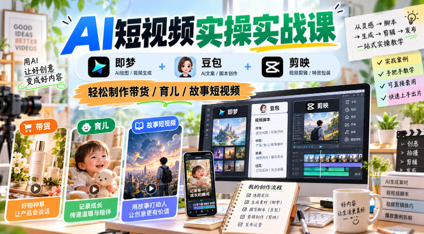 AI短视频实操实战课，即梦+豆包+剪映，轻松制作带货/育儿/故事短视频-第一资源库